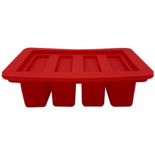 The Deal Society Gourmet Silicone Butter Mold features four rectangular cavities, a matching lid, and is made from BPA-free, non-stick silicone for easy release.